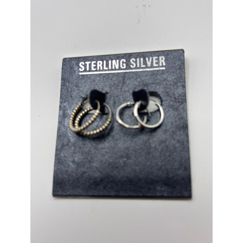 Sterling Silver Hoop Earrings Set Women OS Silver Beaded Smooth Textured 2 Pair